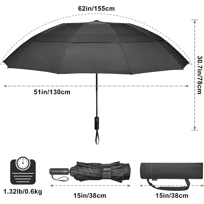 Дюймова парасолька Штормостійка кишенькова парасолька Велика кишенькова парасолька Складна парасолька Подвійний вентильований навіс Автоматичне відкриття Сильний вітрозахисний водонепроникний чорний, 4Free 62-