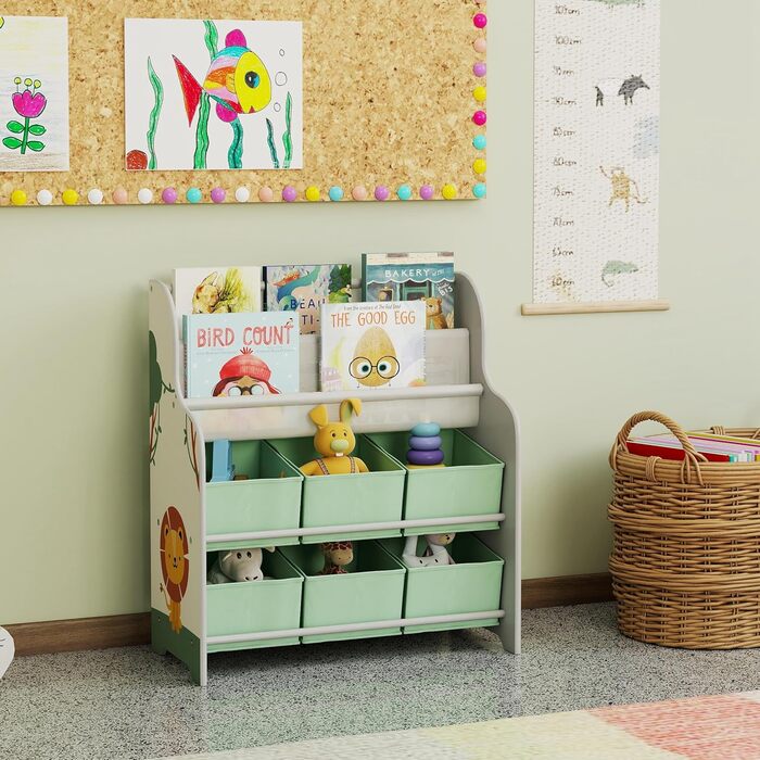 Організатор для іграшок AIYAPLAY з 6 коробками з фетру, 2 полиці, для дитячої кімнати, 63x30x71 см, зелений
