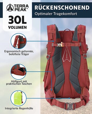 Похідний рюкзак Terra Peak 30L Flex 30 преміум середнього розміру з вентиляцією для спини, гідратаційної системою і чохлом від дощу-похідний рюкзак з поліестеру з дихаючої 3D повітряної сіткою-Рюкзак для активного відпочинку на відкритому повітрі з поясни