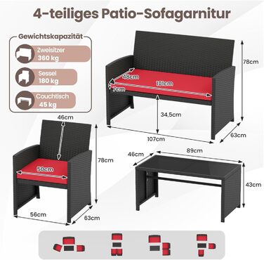 Садовий набір меблів COSTWAY з ротангу для балкона та тераси: диван, 2 крісла, стіл, подушки (сірий + чорний)