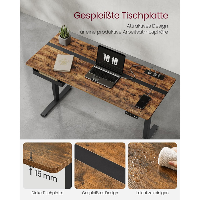 Електричний регульований стіл VASAGLE, 60 x 140 см, з пам'яттю висоти, розетками та ящиком, кольори: білий + горіх, LSD112W01