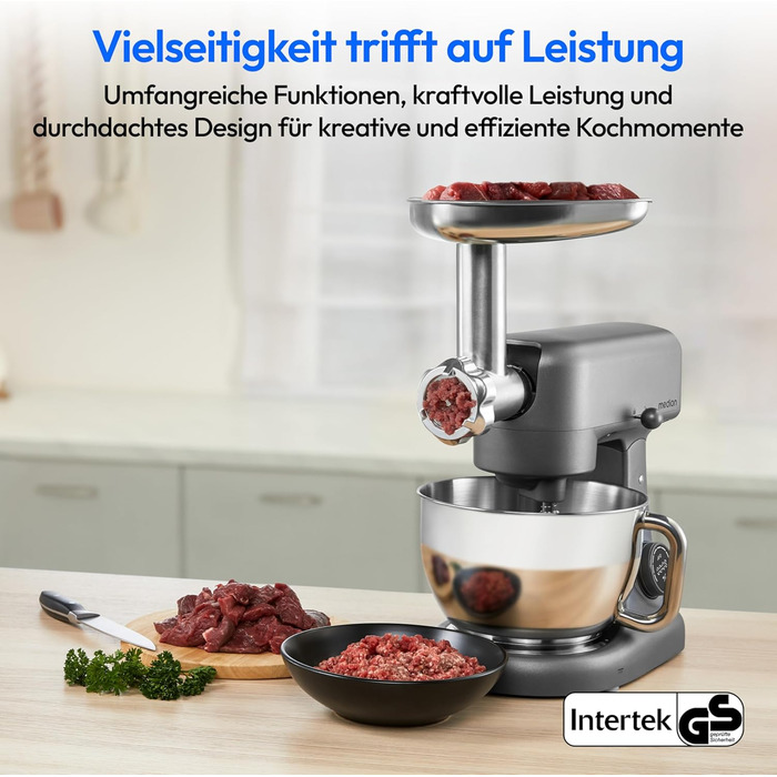 Кухонна машина MEDION MD 12600 Titan: м'ясорубка, 4.6 л чаша з нержавіючої сталі, 800 Вт, тихий двигун, сенсорне дисплею