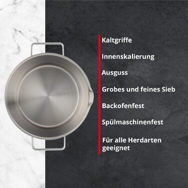 Каструля Meisterkoch з нержавіючої сталі 16 см Ø | з виливом, мірною шкалою та ізольованою ручкою | 1 скляна кришка з дрібним та великим ситом | посуд з нержавіючої сталі, підходить для індукційних плит (24 см)