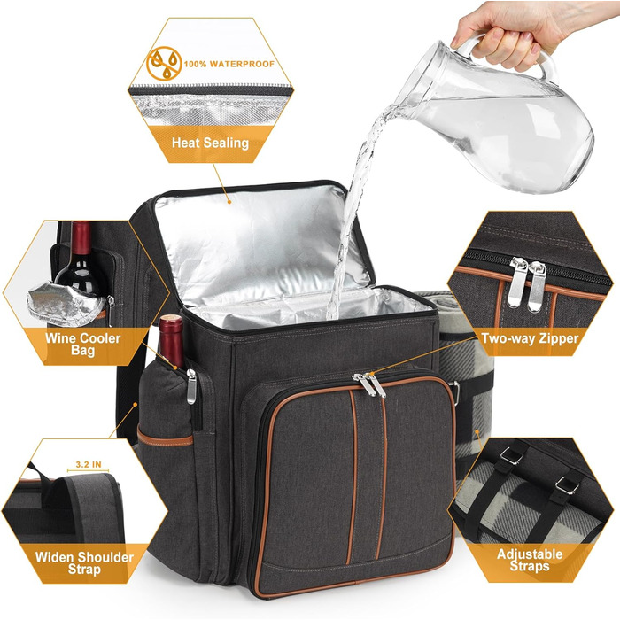 Набір для пікніка на 4 особи: рюкзак, корзина, сумка-холодильник, ковдра, для кемпінгу та парку (колір коричневий)