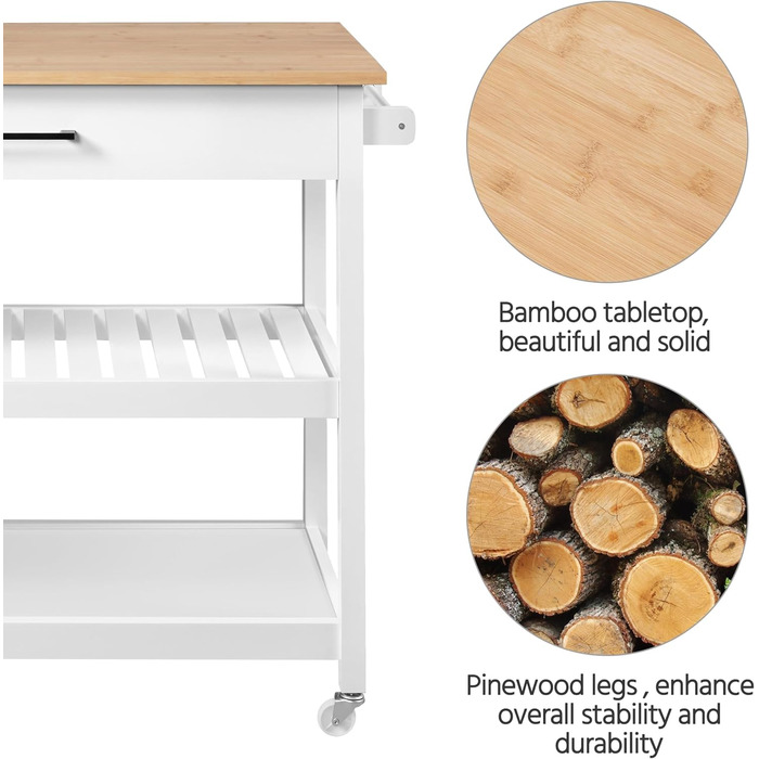 Сервісний візок Yaheetech з шухлядою, кухонний візок з 2 полицями, мобільний візок, кухонна вітрина, мобільний острівець, білий, 51 x 101,5 x 92 см