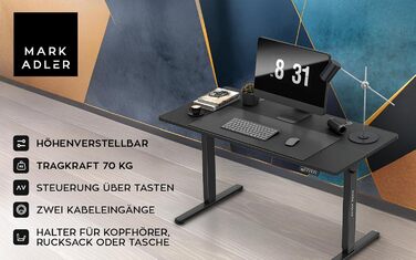 Стіл письмовий регульований по висоті MARK ADLER Leader 7.4 White, 140x70 см, білий, з пам'яттю, сенсорним керуванням, кабелепроводом, тримачем для навушників та напоїв