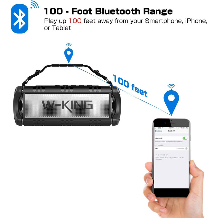 Портативна Bluetooth колонка W-KING 90W з глибоким басом, водонепроникна IPX6, Powerbank, AUX, TF, NFC, 40 годин роботи, EQ, чорно-біла