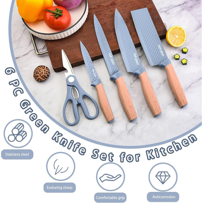 Набір кухонних ножів, 6 предметів, чорний, гострий, з антипригарним покриттям, нержавіюча сталь, з підставкою (блакитна)