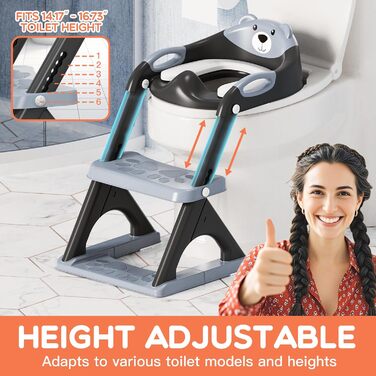 Дитячий унітаз-сходи SKYROKU 2-в-1 з сидінням для туалету, 2-7 років, до 90 кг, PP (без BPA), 5 сходинок, чорний