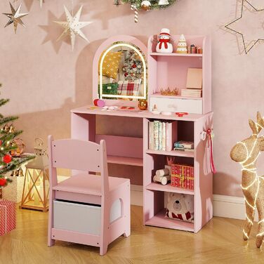 Дитячий туалетний столик LIFEZEAL 2 в 1 з дзеркалом та пуфом, рожевий, з ящиком та аксесуарами для дівчаток від 3 років