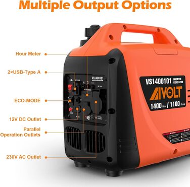 Інверторний генератор AIVOLT 1400W: бензиновий, тихий, для кемпінгу, фестивалів та дому. 2 USB, 12V DC та 230V розетки
