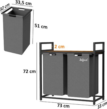 Кошик для білизни Zelsius 2 відділення 73x33x72 см Кошик для білизни з полицею та мішком для білизни Сортувальник білизни