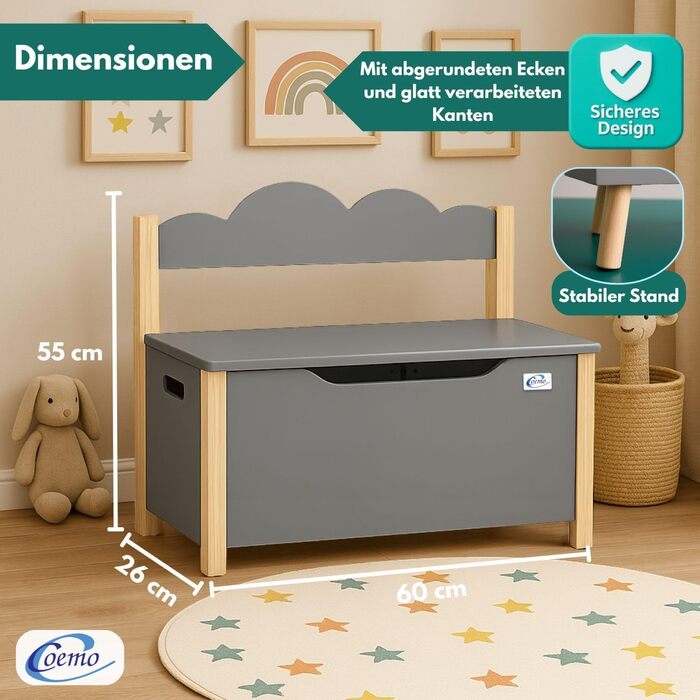 Дерев'яна іграшкова скриня Coemo з банківкою, біла, Trudi, 60x26x55 см – для дитячої кімнати, з місцем для зберігання, безпечним шарніром, зручною висотою, декоративним дизайном хмари (сірий)