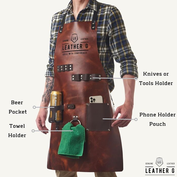 Фартух для гриля зі шкіри з тримачем для пива, BBQ Pitmaster – міцний, з кишенями, регульовані лямки (коричнева шкіра)