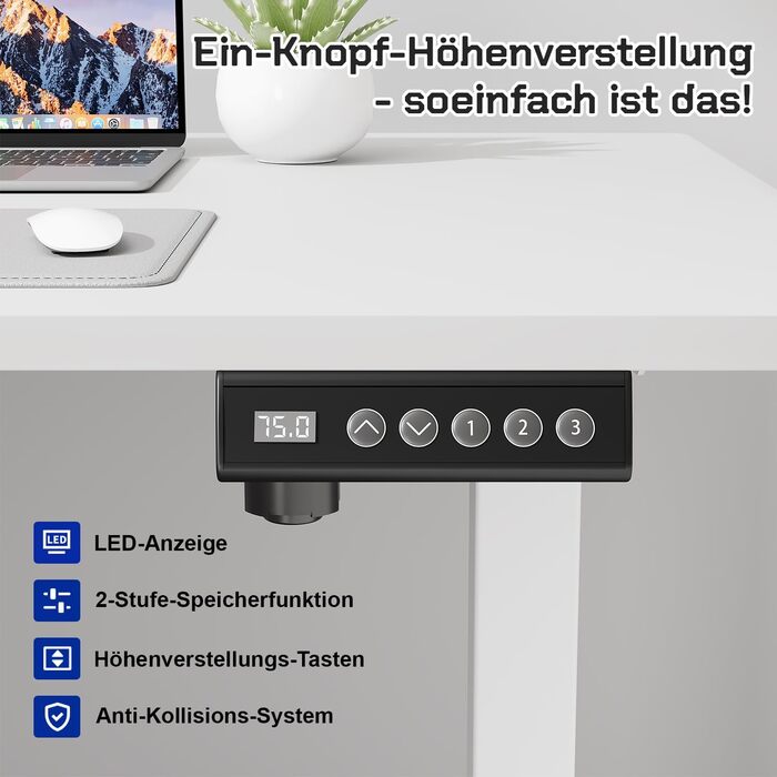 Стіл JUMMICO з регулюванням висоти: міцний каркас, 3 пам'яті, для сидіння та стояння (білий), 100 x 160 см