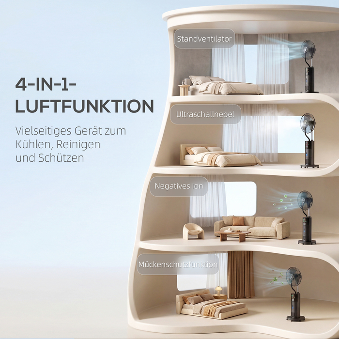 Багатофункціональний вентилятор 4-в-1 з водяним туманом, очищувачем повітря, захистом від комарів, таймером на 9 годин, 3 режимами та дистанційним керуванням. Чорний