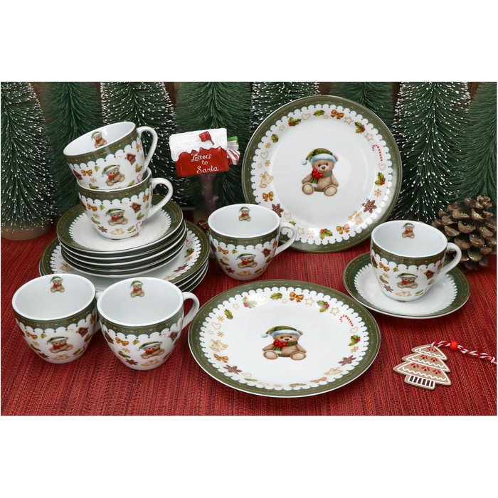 MamboCat Friend - 18-ти частинний чайний сервіс для 6 осіб | Керамічний сервіс з ведмедиком, будиночком з імбирного пряника та іншими новорічними мотивами | Тріо з чашками, блюдцями та тарілками | Ідеальний для святкування Різдва
