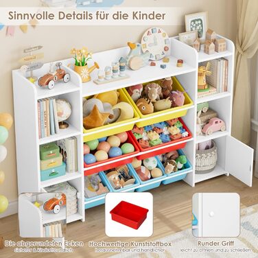 FOREHILL Регульована полиця для іграшок з 8 ящиками, дитячий шафчик, книжкова полиця для дітей, органайзер для іграшок, меблі для дитячої кімнати з іграшковою коробкою, 138,8 x 94,3 x 29,6 см, білий (білий з червоним)