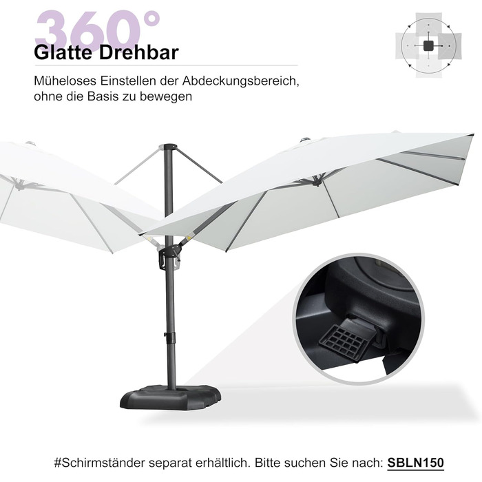 Парасолька від сонця PURPLE LEAF 300x300 см, велика підвісна парасолька-ампел з рукою-курбою, поворотом на 360° та хрест-підставкою для тераси та балкона, біла