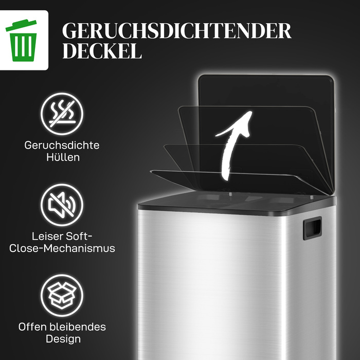 Сміттєвий бак з двома відсіками по 20 літрів, з плавним закриттям кришки, стійкий до відбитків пальців, нержавіюча сталь, сріблястий