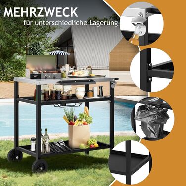 Гриль-візок LEADZM: гриль-стіл для вулиці, 95 x 45 x 83 см, стіл з нержавіючої сталі срібного кольору, на колесах, мобільний, сервісний візок для садів, чорний (97x51x83 см)