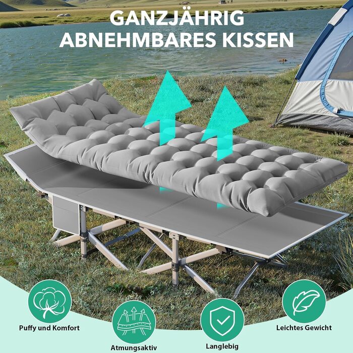 Розкладне ліжко для кемпінгу з матрацом та сумкою-переноскою, посилене (до 208 кг), XL 190x71x35 см, сіре