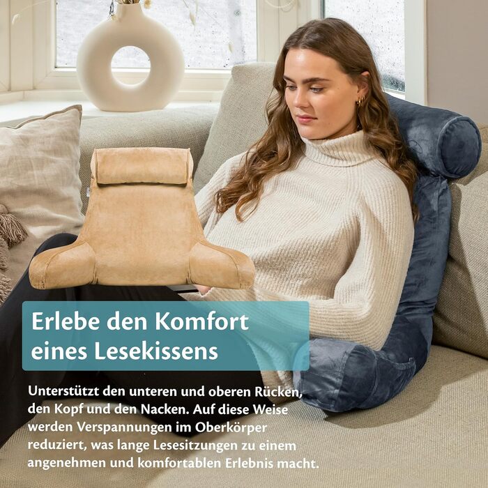 Подушка для читання Ella Lesekissen для ліжка та дивану з знімною подушкою для шиї - спинна подушка для ліжка. Подушка для читання з піною з пам'яті з підлокітниками, ідеально підходить для читання, перегляду телевізора, відпочинку або як спинна підтримка