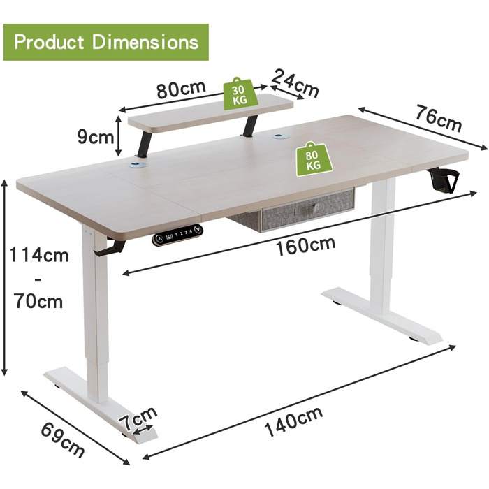 Електричний стіл Radlove з регулюванням висоти, стоячий стіл у формі L 150 см, стоячий стіл із 4 елементами керування пам'яттю з 2-складним телескопічним столом, дошка для з'єднання (76 x 160 см, полиця з дуба монітора)