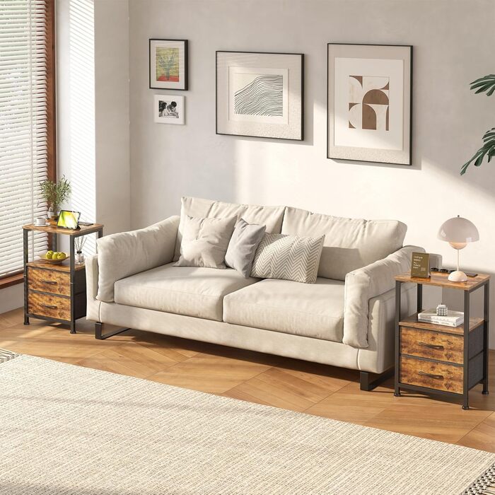 Набір з 2 тумбочок з LED-підсвічуванням та функцією зарядки, тумбочки з ящиком, 3 розетки AC та 2 USB-порти, для вітальні, спальні, вінтажний колір, 40x30x60 см