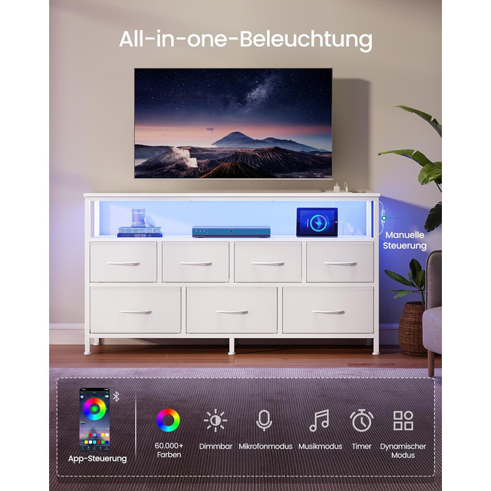 SONGMICS BELLAH: Комод, шафа, тумба з LED-підсвіткою, стайлінг-станція, 1 полиця, індустріальний стиль, вінтажно-коричневий/чорний, LGS723KD01 (7 ящиків, білий)