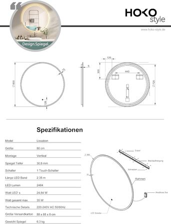 Дзеркало для ванної кімнати HOKO Design Riga, діаметр 60 см, кругле, з металевим каркасом, LED-підсвічування, сенсорне управління, регулювання кольору світла (80x80 см, золото)