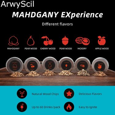 Набір для копчення коктейлів та віскі з ліхтариком: ретро-набір для вечірок, 6 смаків для любителів копчення, ідеальний подарунок на день народження, для чоловіків та батьків