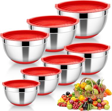 Набір місок HaWare з нержавіючої сталі, 7 шт., з кришками, для приготування їжі, випічки, салатів, 6.5/4.5/3/2.5/1.5/1.2/0.7 л (червоний, силіконове дно)