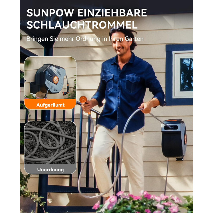 SUNPOW Ротаційний барабан для шланга на стіну 15м з розпилювачем - сірий, для дому та автомобіля, автоматичний збір