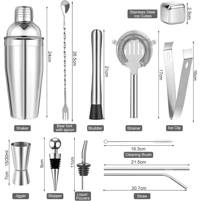 Набір шейкерів для коктейлів 750 мл: Бостонський та герметичний з нержавіючої сталі, 15 предметів