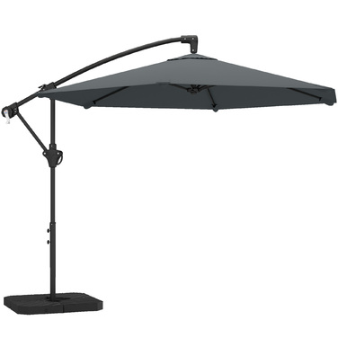 Великий парасоль від сонця, діаметром приблизно 300 см, з механізмом блокування, ручним відкриванням, стійкою та вагами. Колір: темно-сірий.