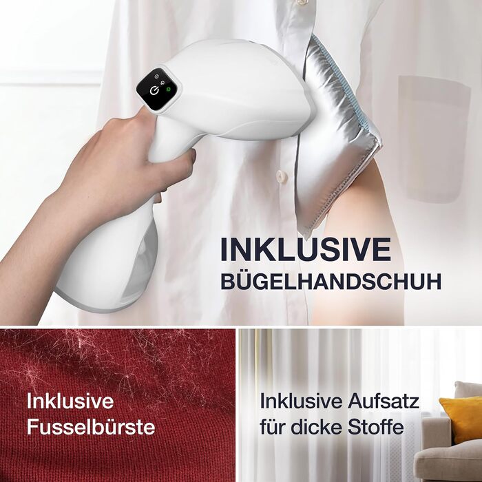 LEBENLANG Пароочищувач для одягу - 1500W, 300ml, з рукавичкою та насадками | Професійний пароочищувач для одягу | Білий