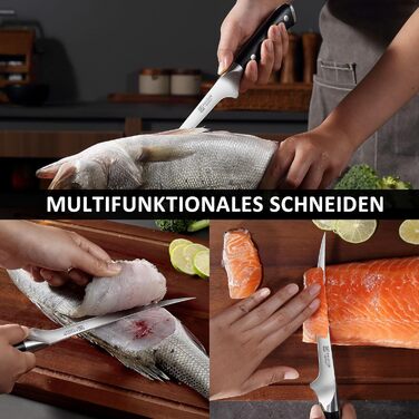 Набір кухонних ножів Paudin 7 предметів з дерев'яним блоком, професійний набір ножів для кухні, з високоякісним лезом та ABS ручками (рибний ніж)