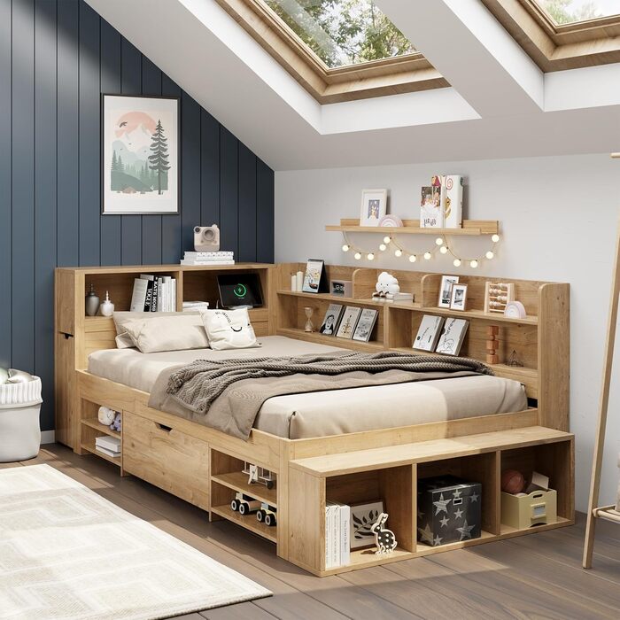Ліжко дитяче 90x200, дерев'яне з шухлядами, полицями та захистом від падіння, з ламелями та місцем для зберігання, для підлітків, функціональне, без матраца, біле