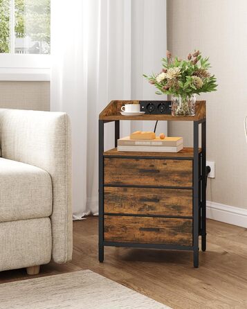 Приліжкова тумбочка Hzuaneri з LED-підсвіткою та функцією зарядки, 3 висувні ящики з тканини, USB-порти та розетки, для спальні/вітальні, чорний/коричневий, NS36301BEU, 1 шт.