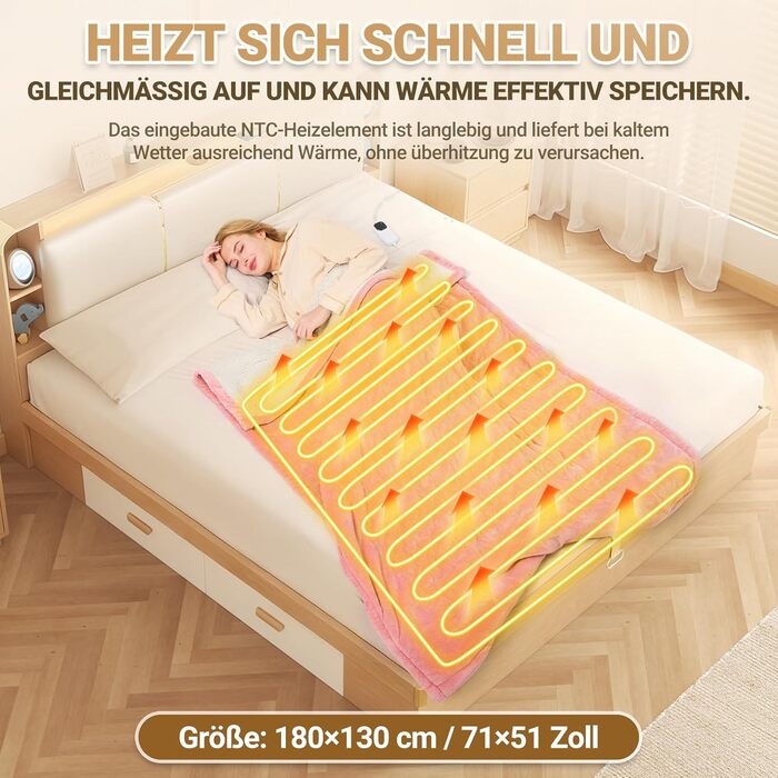 Електрична ковдра з автовимкненням 130x180 см, 8 рівнів нагріву, таймер 12 годин, пральна машина, флісова ковдра для ліжка, дивана, офісу, рожева