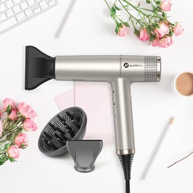 Фен для волосся Slopehill з безщітковим двигуном, Oxy Active Technology, LED-дисплеєм, 2000 Вт, колір Champagne Gold