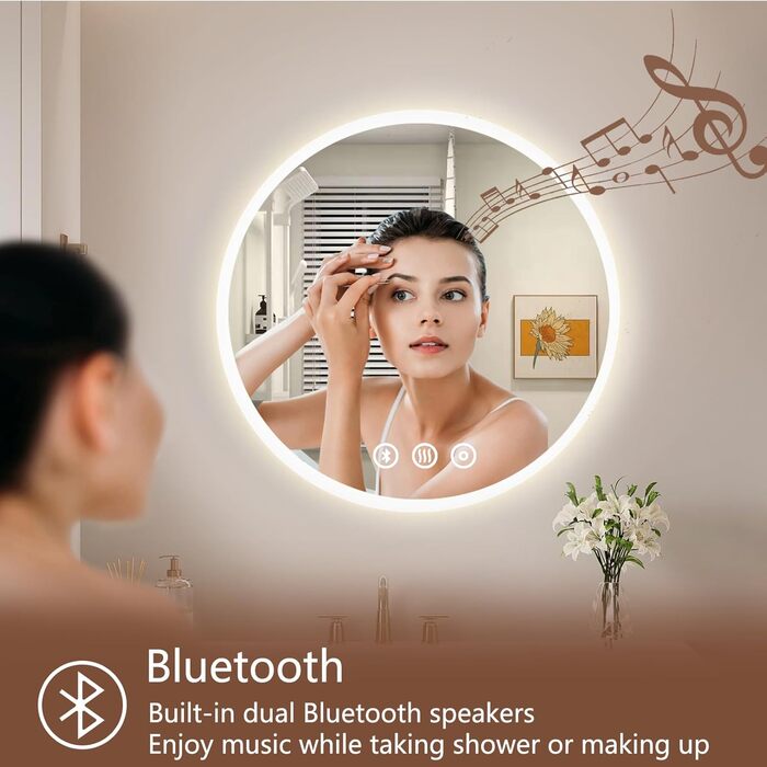 Дзеркало для ванної кімнати Habison з підсвічуванням 70x70 см LED, з годинником, сенсорним вимикачем, регулюванням яскравості, захистом від запотівання, 3-х кратним збільшенням, Bluetooth