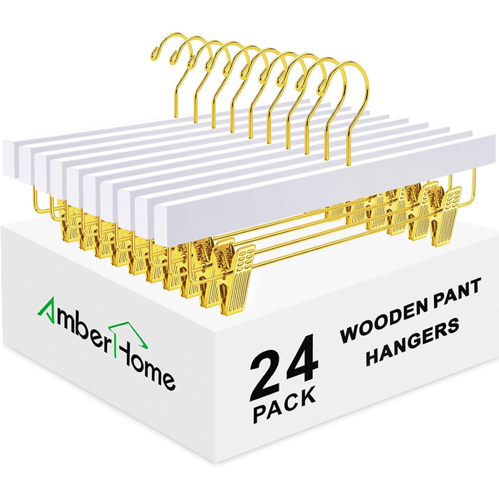 Дерев'яні вішалки для штанів та джинсів Amber Home з золотими кліпсами (24 шт., білий та золотий)