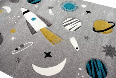 Килим CARPETIA для дитячої кімнати, космічна ракета, планета, сірий, синій, Розмір (120 см круглий)