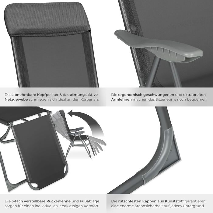 Набір з 2 шт. лежаків для відпочинку Tectake® з алюмінію, садова мебель, 5-позиційна спинка, підставка для ніг, легкі та складані, крісло-релакс з підголовником, для саду, балкону, кемпінгу - антрацит