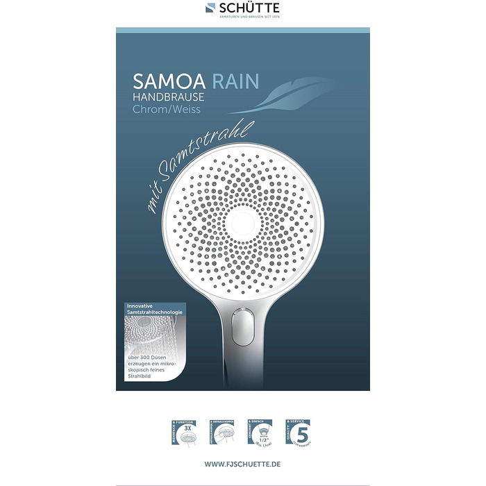 Ручний душ SCHTTE 60955 SAMOA RAIN з технологією оксамитового розпилення, душова лійка з більш ніж 300 струменями та 3 регульованими типами розпилення, душова лійка для душу проти накипу, хром-білий