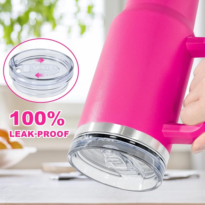 Термокружка FECBK з трубочкою та ручкою, 1,2 л, 100% без витоку, нержавіюча сталь, вакуумна ізоляція, тримає тепло 12 год / холод 34 год, Gepard (Фуксія)