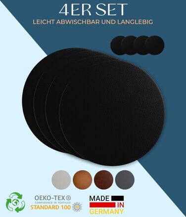 Набори серветок Garnier® з еко-шкіри, 4 шт. – миючі, стійкі, з антиковзаючою поверхнею – з екологічної переробленої шкіри, Made in Germany (круглі, чорні)