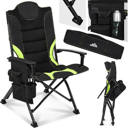 Кемпінгове крісло складне, з високою спинкою зручно оббивається з великою кількістю місця для зберігання, підстаканник, 2 підлокітники, з можливістю завантаження до 150 кг, розкладне крісло компактне та легке з сумкою, крісло для кемпінгу (чорний/зелений)